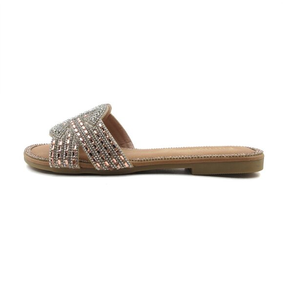Lurnyet Women's Comfort Cushion Crystal Rhinestone Slide Flat Slip-On Sandals - Picture 2 of 6
